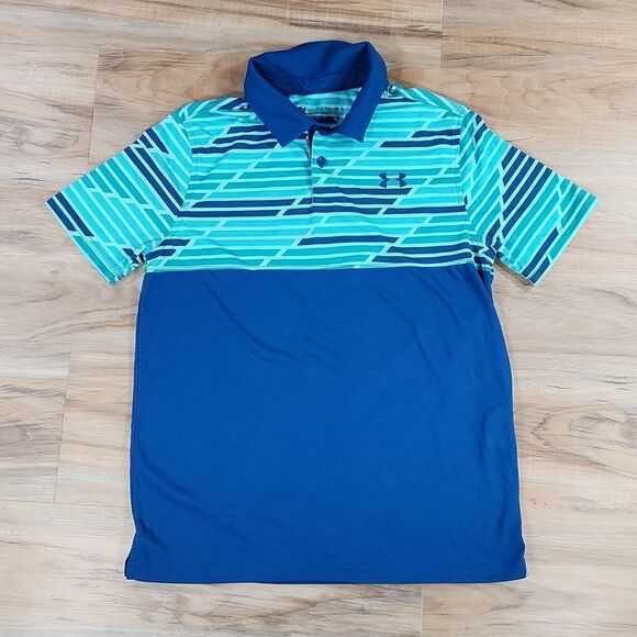 🦋Under Armour Blue & Turquoise Golf Collared Polo Shirt Youth Large - Picture 3 of 13